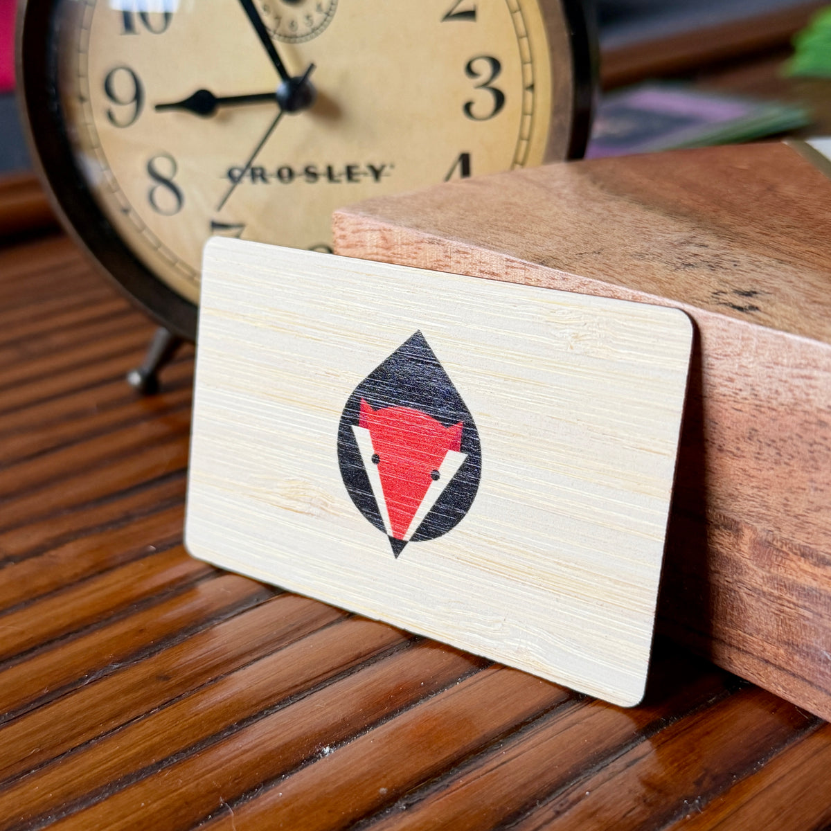 Custom Bamboo wood tap nfc business card with full color UV printed logo and text. tap to share contact information and digital profile