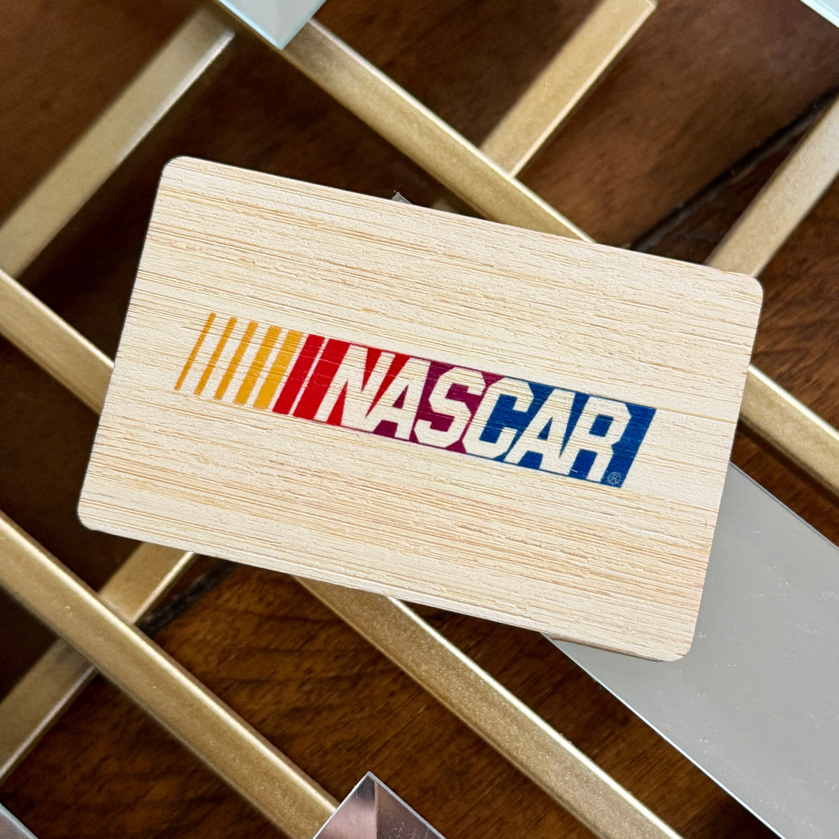 Custom Bamboo wood tap nfc business card with full color UV printed logo and text. tap to share contact information and digital profile