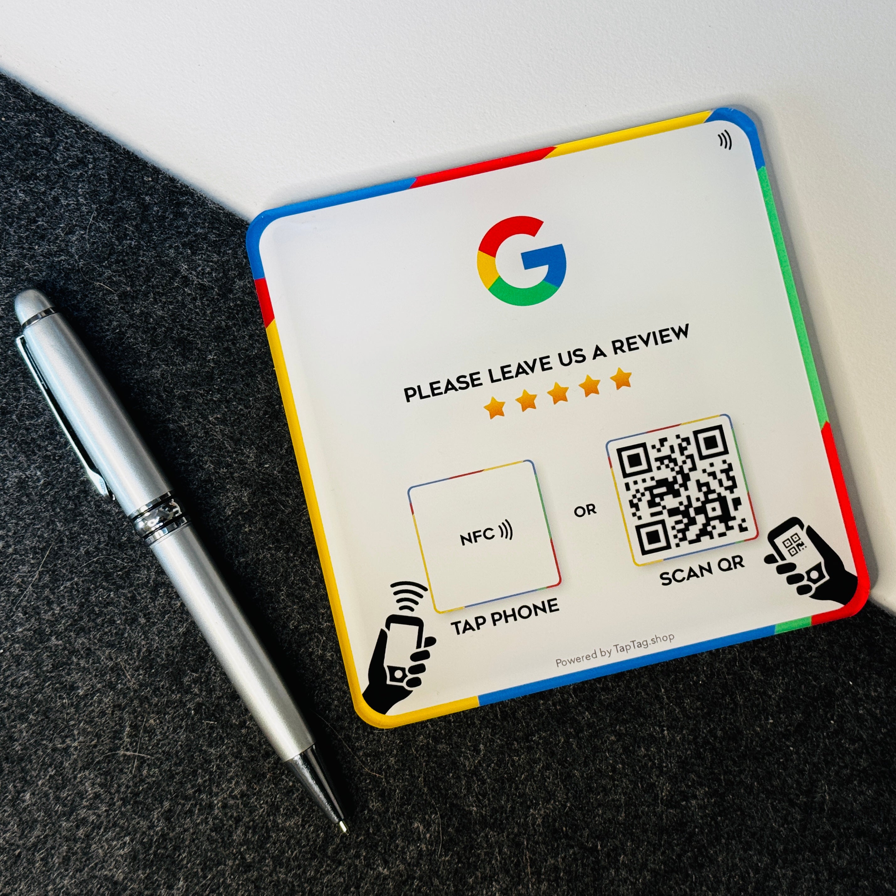 Tap acrylic google review squareplaque plate that allows you to tap a smartphone to get google review. Place on a counter or window. Sticky backside