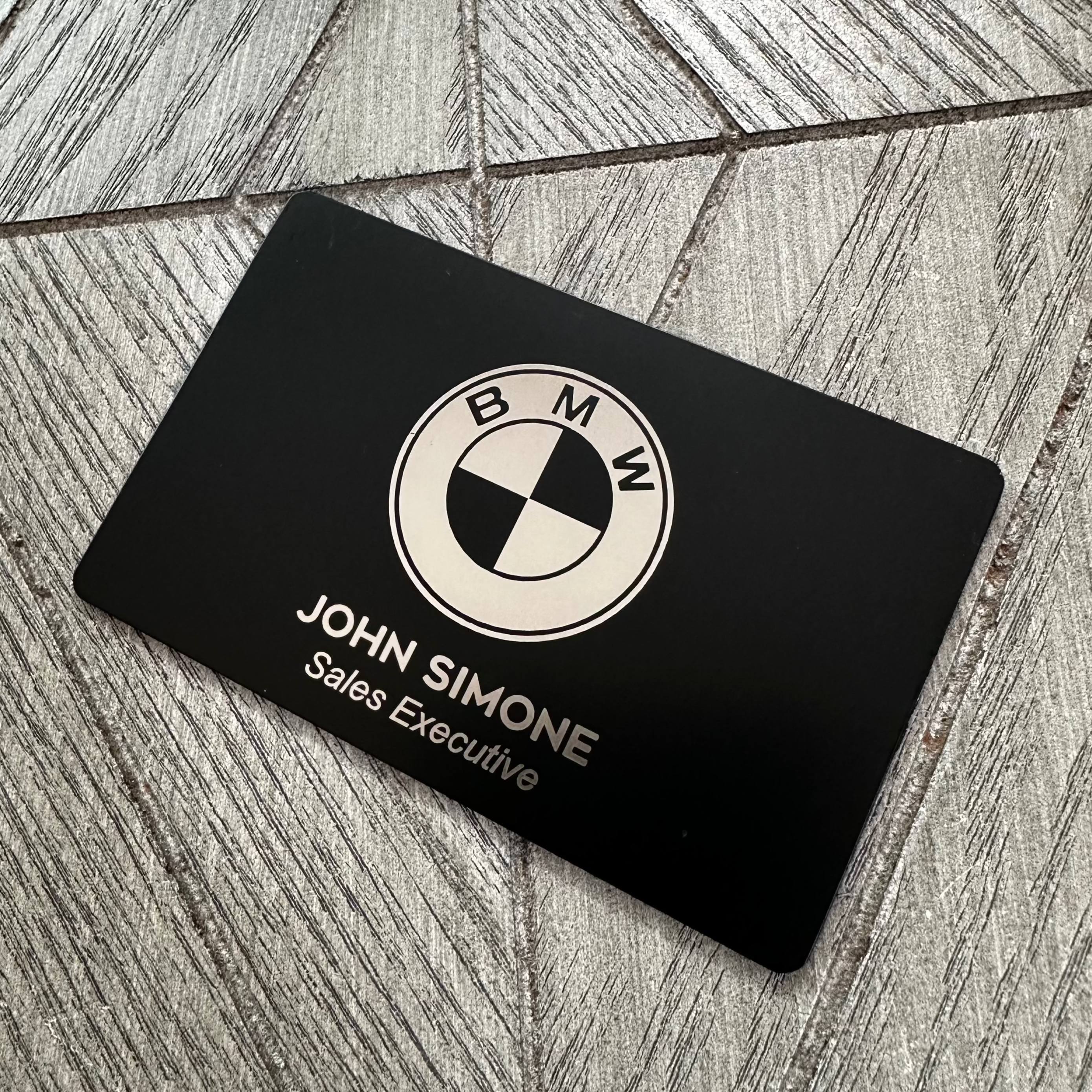 custom engraved matte black metal business card. tap to share contact info and digital profile 