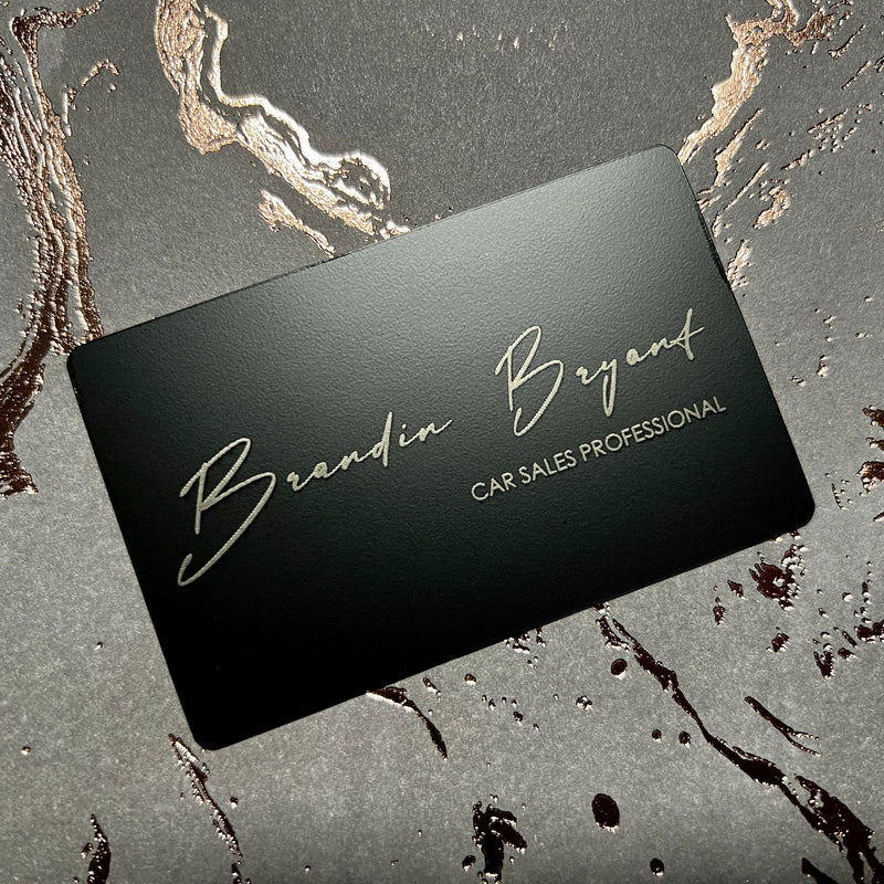 Custom Black steel tap business card, engraves silver on black. tap to share contact information and digital business card