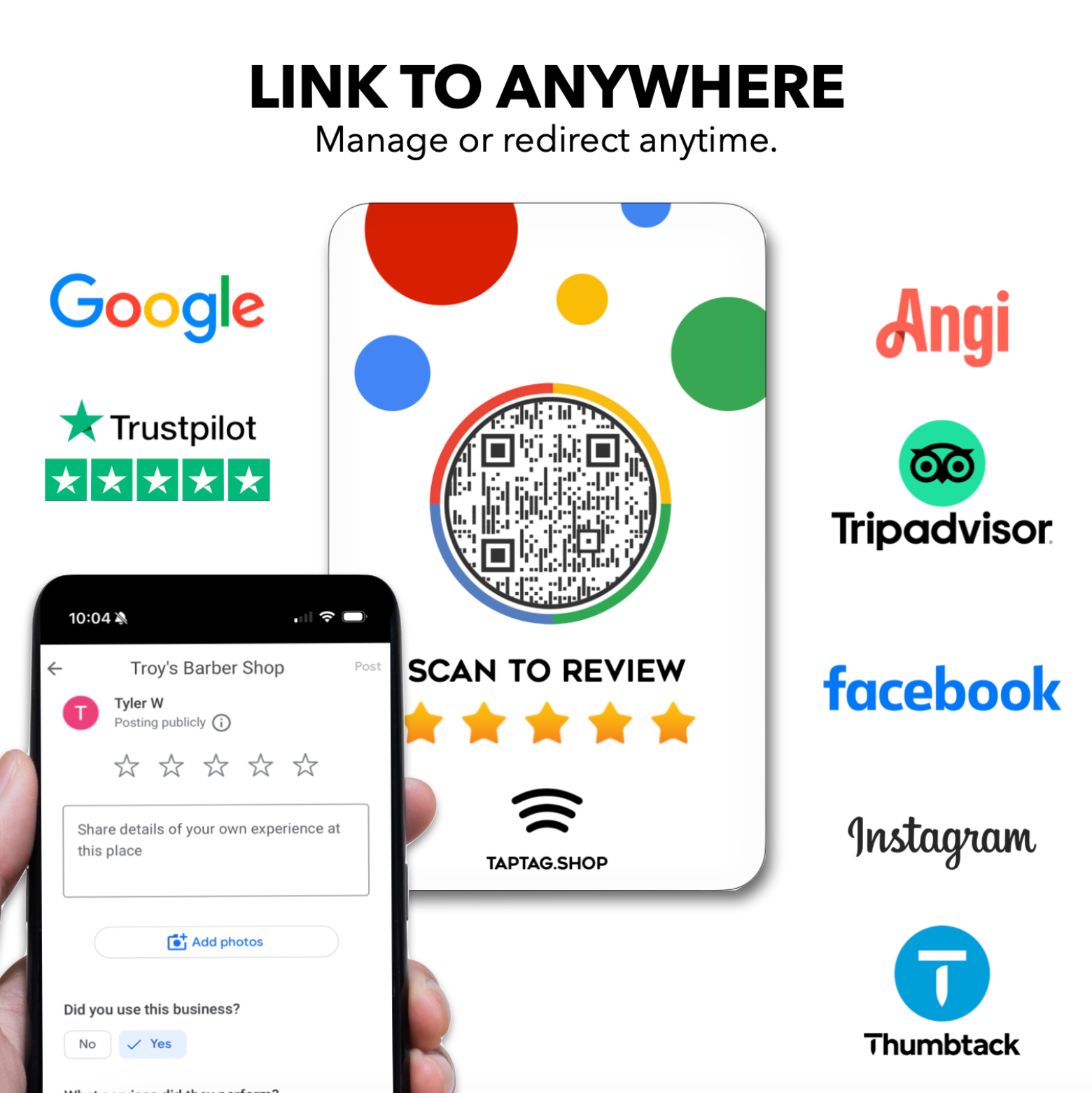 Tap review card that works with Yelp, Google, trust pilot and more 