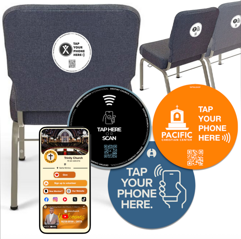 Custom Tap church sign for seating. Tap to give or tap to see info for members. upload your own graphic.. NFC tap tag. Sticky back for fabric chairs. Screw in option. 
