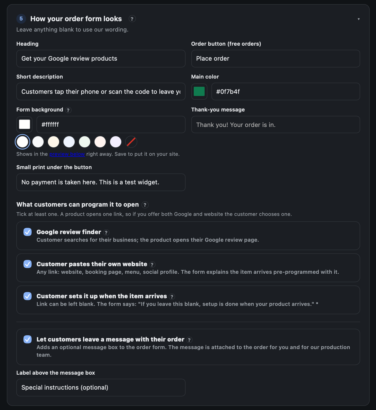Design the order form