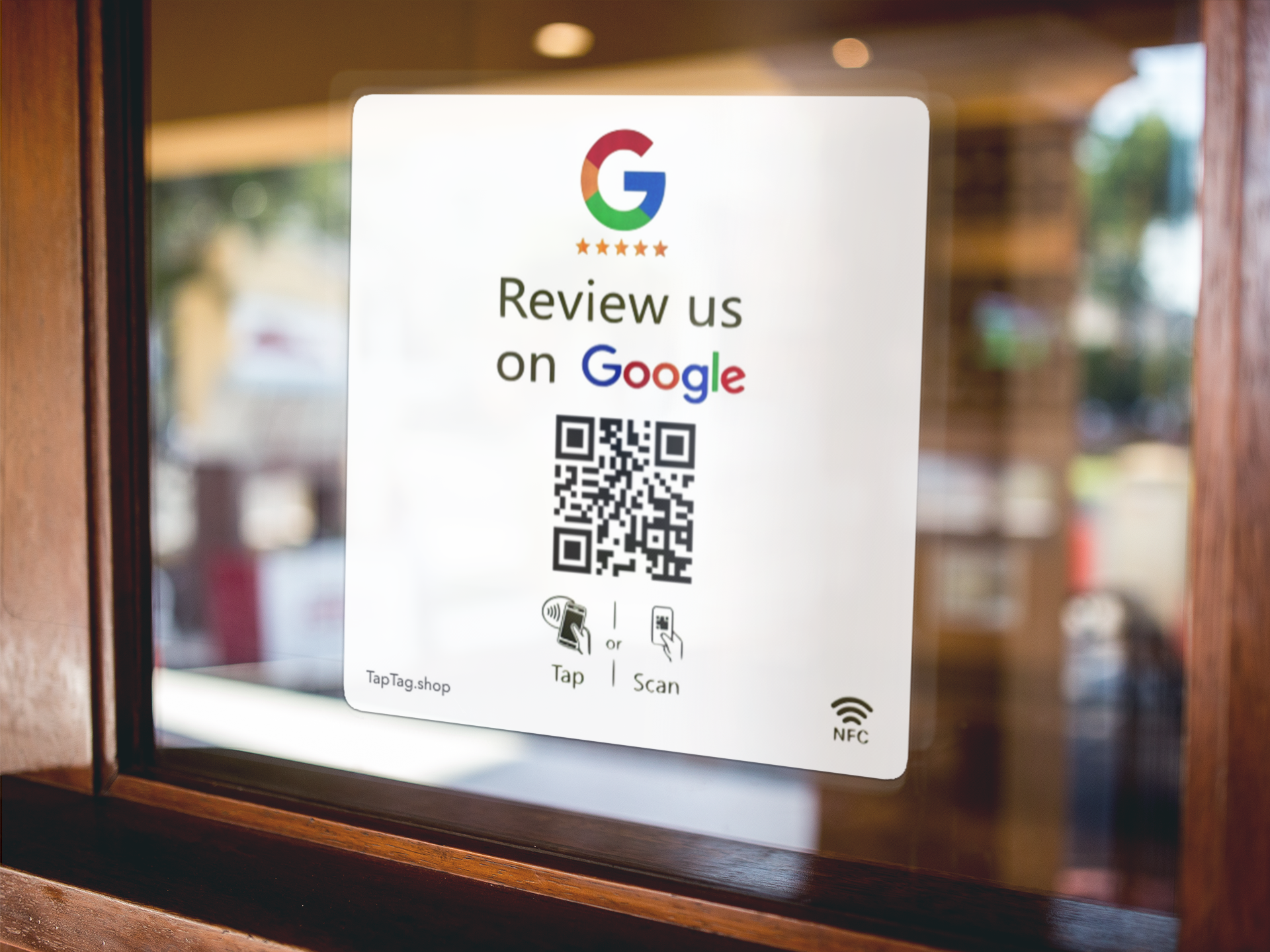 Google Review Window sticker, printed on both sides with tap and QR ability to leave a google review. 