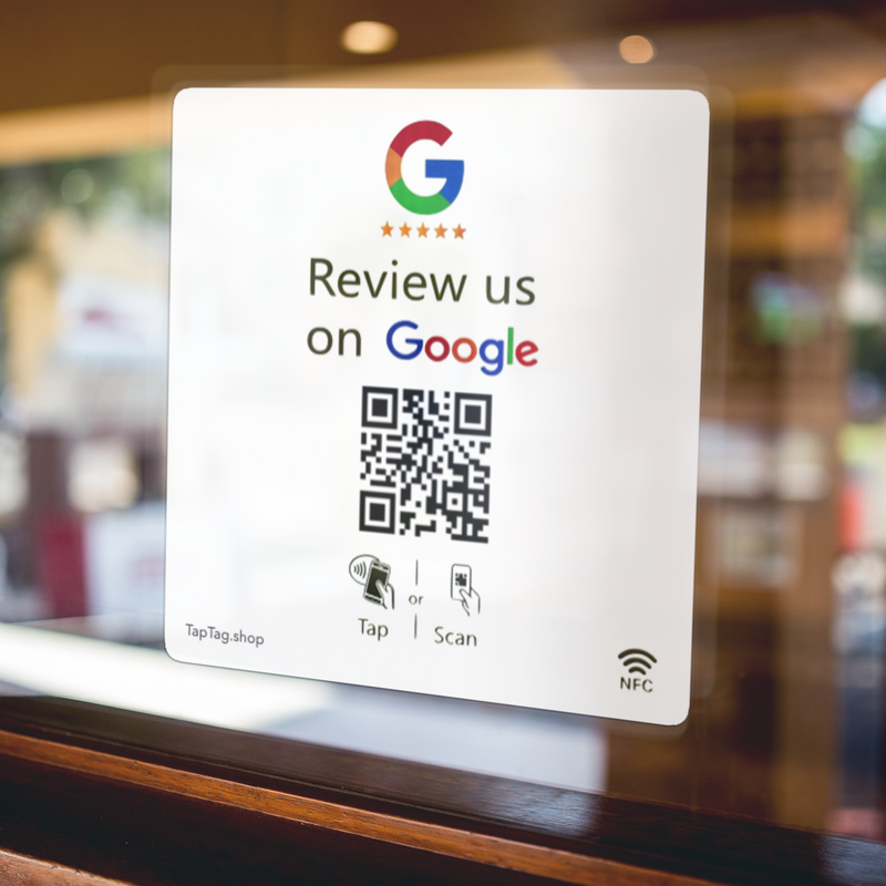 Google Review Window sticker, printed on both sides with tap and QR ability to leave a google review. 