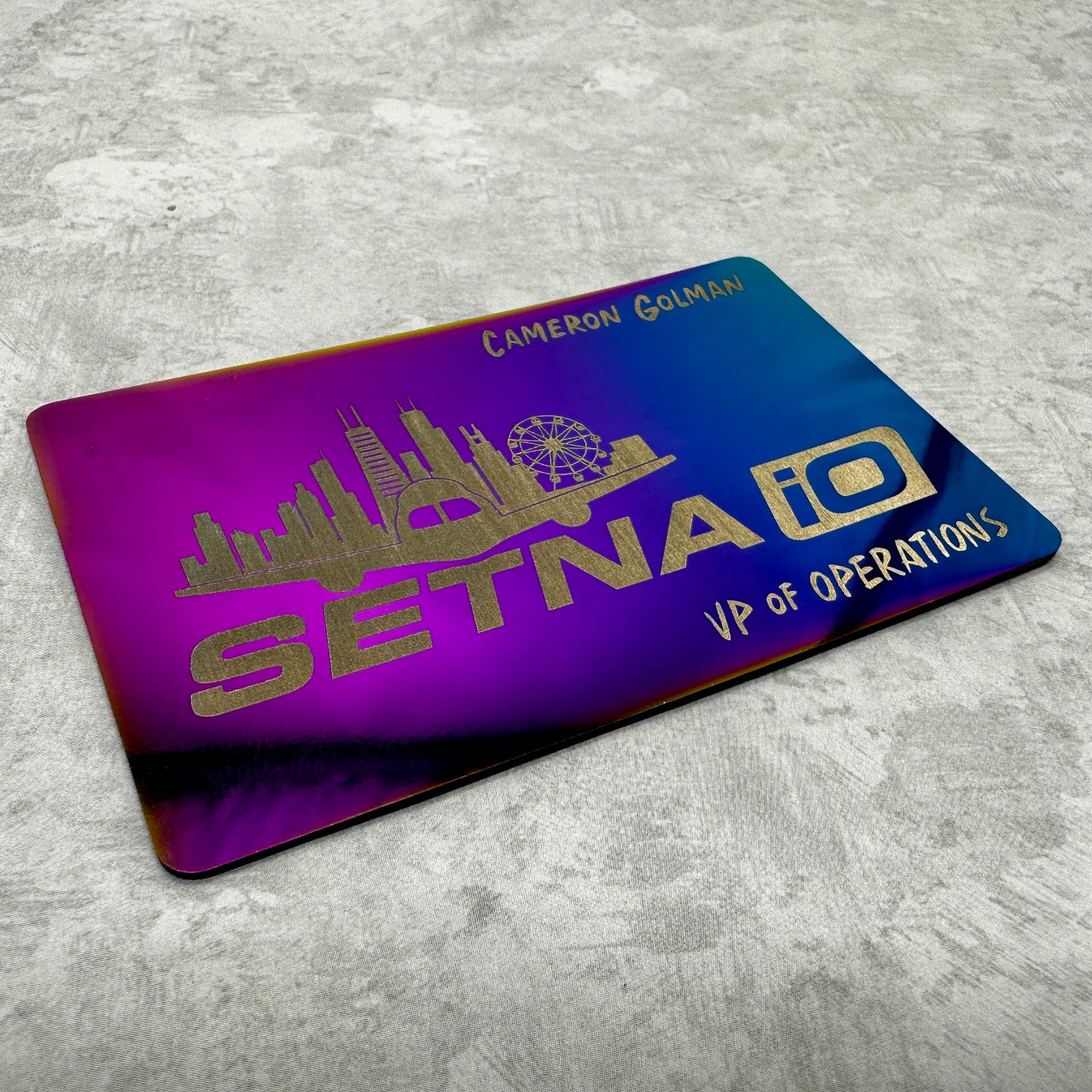 Custom engraved Iridescent chrome NFC Card, tap to share contact information and digital profile