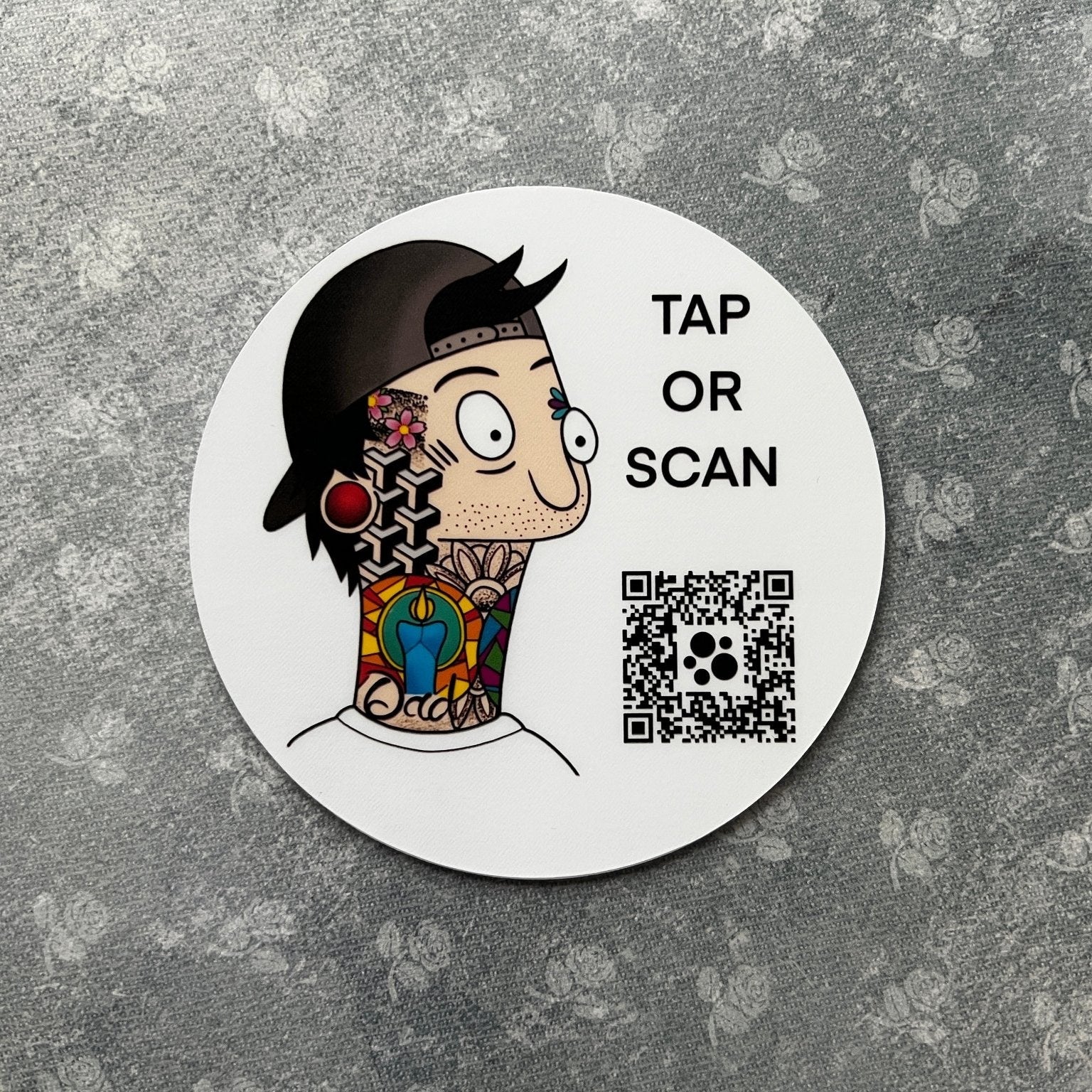 custom tap sticky counter sign plate. custom logo and qr, tap to share contact info and review site